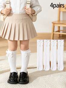 4 Pairs Girls Bowknot Decor Cable Knit Knee-High Socks Without Heel Over-The-Knee Socks Suitable For 1-8 Years Old Girls Daily Wear Back To School Versatile - White - View 1