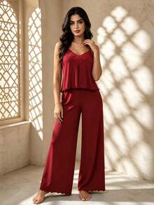 Temptuelle 2pcs Women's Sexy Lingerie Set, Adjustable Strap Camisole + Long Pajama Pants, Solid Color Sleepwear Set With Ruffle Lace Trim - Burgundy - View 5