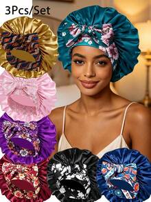 4pcs Silk Sleep Cap, Adjustable Tie, Satin Material, Sleep Hat (Random Print Pattern),Summer,Beach,Holiday,Travel - 4pcs Black + Green + Pink + Leopard Print - View 12