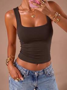 SDNGED Atasan Tank Top Serbaguna Wanita Warna Polos Dua Lapis Berlipit Leher Persegi, Musim Semi/Panas - Coffee Brown - View 2