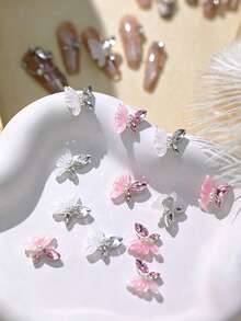 10pcs Ice Crystal Butterfly Nail Art Charms Handmade Rhinestone White Powder Crystal Nail Decor, Suitable For Nail Art Embellishment And Resin Craft Decoration, Random Color - Multicolor - View 2