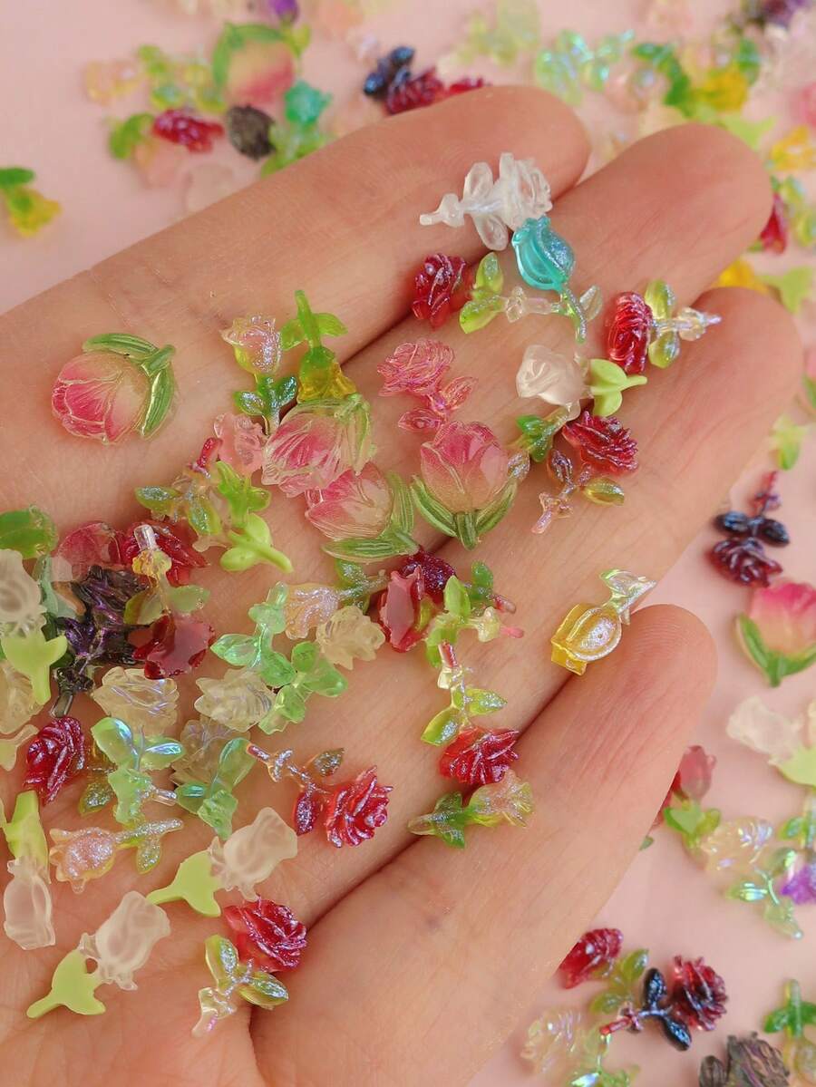 100pcs/Bag Resin Mini Colorful Roses, Aurora Flowers Valentine's Day Spring Flowers, Random Color DIY 3D Bouquet Mini Nail Art Decor, Nail Art Supplies - Multicolor - View 1