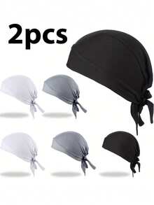 2pcs Unisex Sweat-Absorbing Headband, With Cooling Cap And Skull Cap, Suitable For Motorcycle Riders, Available In Black, White, Grey, Minimalist Design, Suitable For Daily Wear And Outdoor Activities - Multicolor - View 2