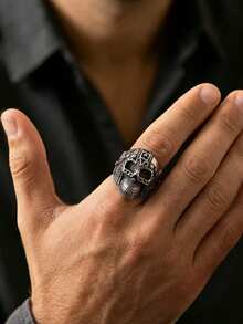 1pc Dark Punk Style Stainless Steel Distressed Carved Skull Ring, Men's Streetwear And Rock Party Accessory Gift For Boyfriend - Ring - View 1