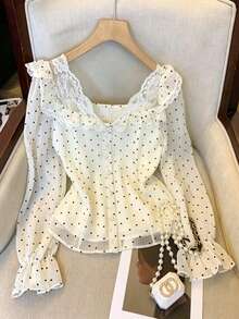 Polka Dot Bell Sleeve Chiffon Blouse French Style Women Top - White - View 1