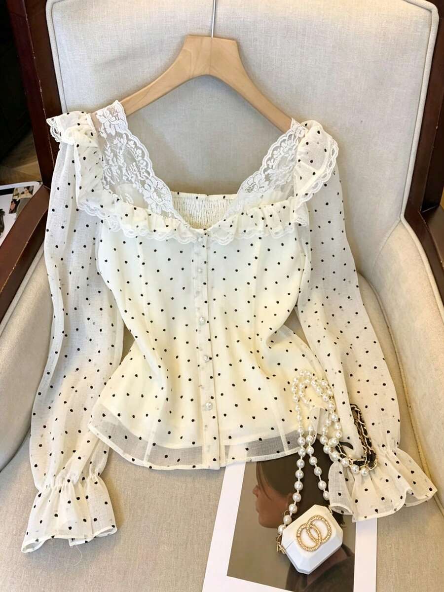 Polka Dot Bell Sleeve Chiffon Blouse French Style Women Top - White - View 1