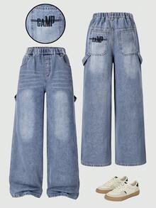 Teen Boy Summer Pocket Letter Embroidery Wide Leg Denim Jeans Fashion New Style - Blue - View 2