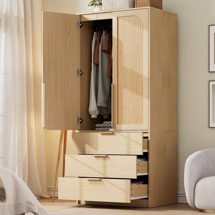 70 Inch Wooden Wardrobe Armoire Bedroom Storage Cabinet Freestanding Closet With Three Drawers Hanging Rod Adjustable Shelves Large Capacity Furniture Natural Oak - Natural - View 1