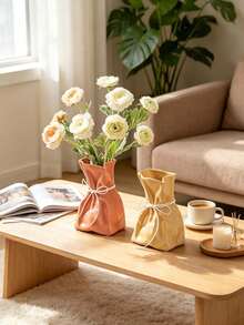 Bag-Shaped Resin Vase, Pleated Bag Design With Bow Rope Decoration, Modern Aesthetic Tabletop Vase, Home Living Room Bookshelf Decor - Multiple Styles - View 5