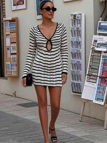 Women's Long Sleeve Color Block Striped Knit Dress, Beach Resort Style, Summer - Black - View 1