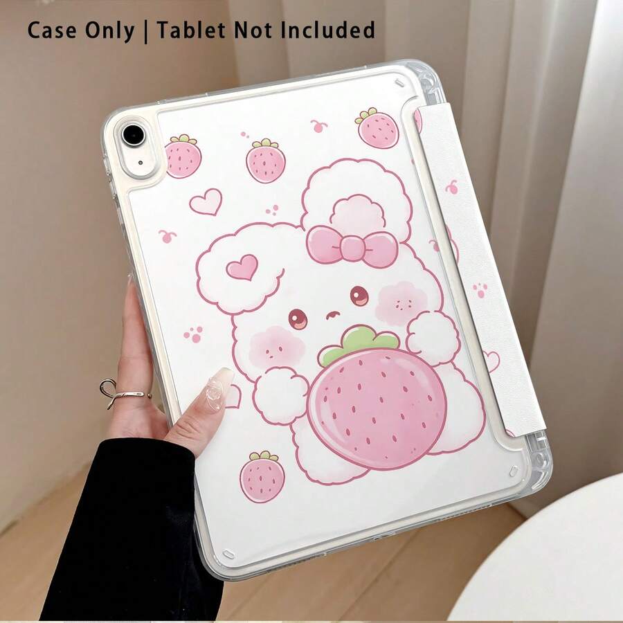White Rabbit, Strawberry And Heart Pattern Painted Effect Tablet Protective Case With Stand, Compatible With Honor 8/9/10/X8/X8A/X9/X8Pro/X9Pro/ MatePad Se 11 Inch/MatePad 11 Inch/11.5 Inch/MatePad Pro/Apple 10th/11th Gen 2025 (A16)/ Galaxy Tab A7/A9 And Other Popular Models - Style 17 - View 1