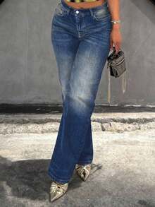 Celana Jeans Boyfriend Wanita Model Lurus Longgar Gaya Vintage dengan Efek Lusuh - Dark Wash - View 4