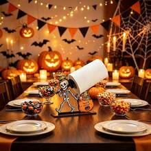 1/4pcs Fun Halloween Wooden Tissue Holder, Featuring Ghost, Skeleton, Pumpkin, And Black Cat Designs, Suitable For Parties, Living Room, And Dining Table Center Decorations. - Napkin Holder - View 4