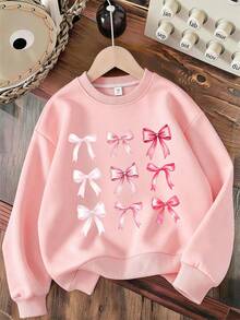 Girls Sweet Bowknot 9-Grid Print Crew Neck Sweatshirt + Printed Casual Long Pants Set, Autumn Winter Outfit, Campus Style, Homecoming Wear - Pink - View 2