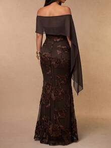 Brown Off-Shoulder Maternity Dress: Low Elasticity Floral Embroidered Mermaid Long Dress With Shawl, Suitable For Weddings, Banquets And Cocktail Parties - Coffee Brown - View 2
