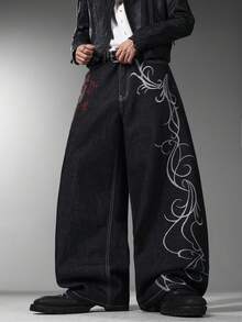 Men's HK Style Wide Leg Jeans, Retro Embroidery On Back, Casual Long Pants All Seasons (No Belt & Accessories, Decorative Non‑Functional Back Pockets) - Black - View 7