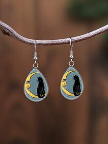 1 Pair Crescent Moon Cat Face Vintage Gothic Pattern 316 Stainless Steel Water Drop Earrings For Women, Daily Wear And Gift - Navy Blue - View 1