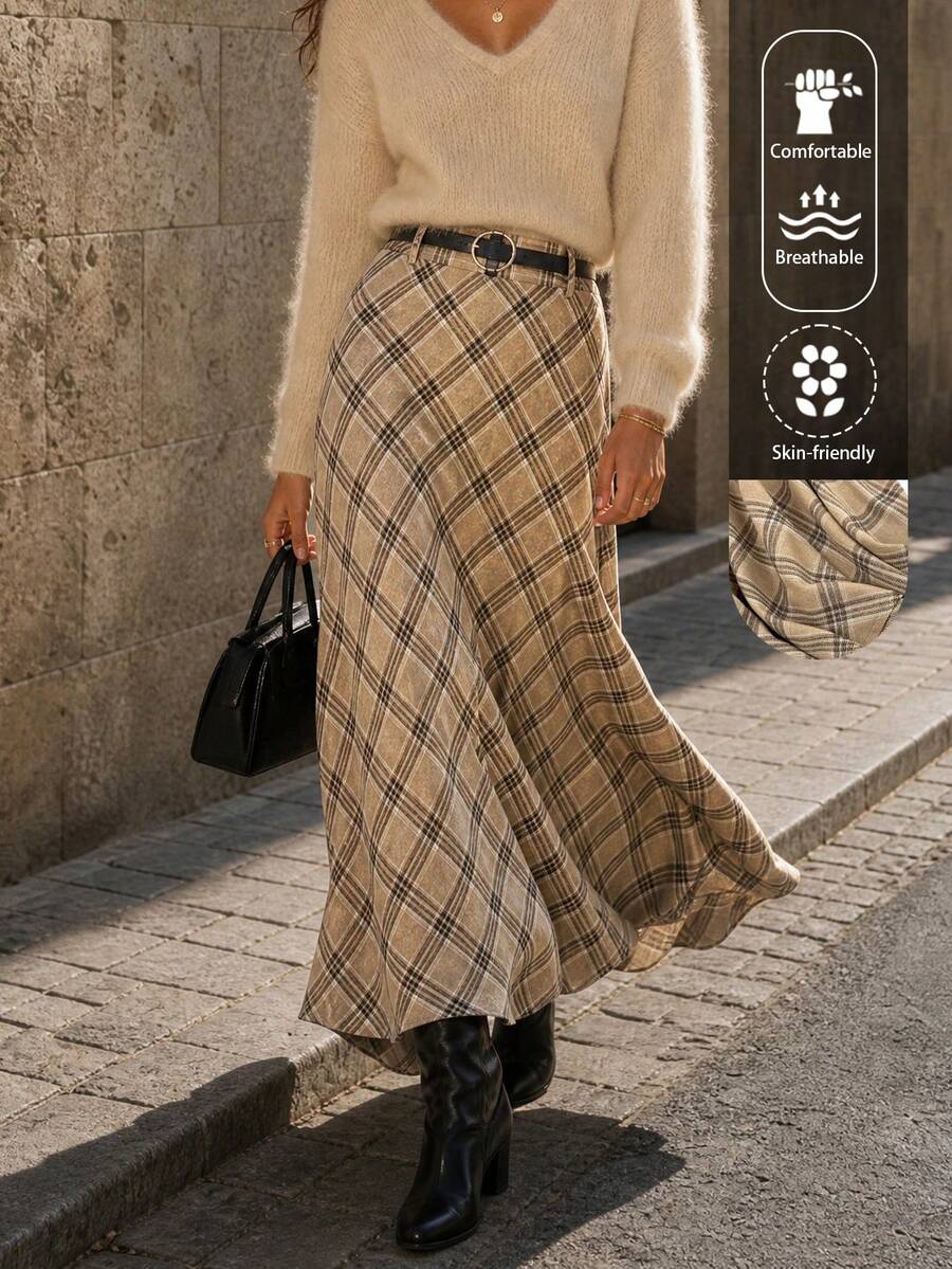 EARO 女士复古格纹高腰A字半身裙,配腰带,优雅办公室风,百搭格纹半身裙,英伦风春季款 - 卡其色 - 查看 1