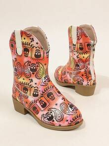 Toddler Paisley Flower Print Western Boots Vintage Chunky Heel Casual Mid-Calf Boots - Coral Orange - View 6
