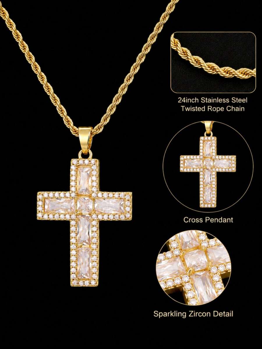 Men's Rhinestone Cross Pendant Necklace, European And American Hip-Hop Style Jewelry, Twisted Chain With Personalized Street Style - Cross - View 1
