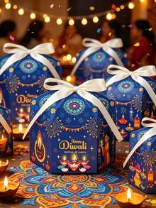 12/8pcs Diwali Party Oil Lamp, Fireworks Pattern Gift Boxes, Blue And Purple Hexagonal Gift Boxes With Yellow And White Dual-Color Ribbons, Diwali Party Decoration Boxes, Theme Party DIY Gift Boxes, Suitable For Diwali Celebration Decoration, Party Decoration, Birthday Party And Various Celebration Activities. - View 8