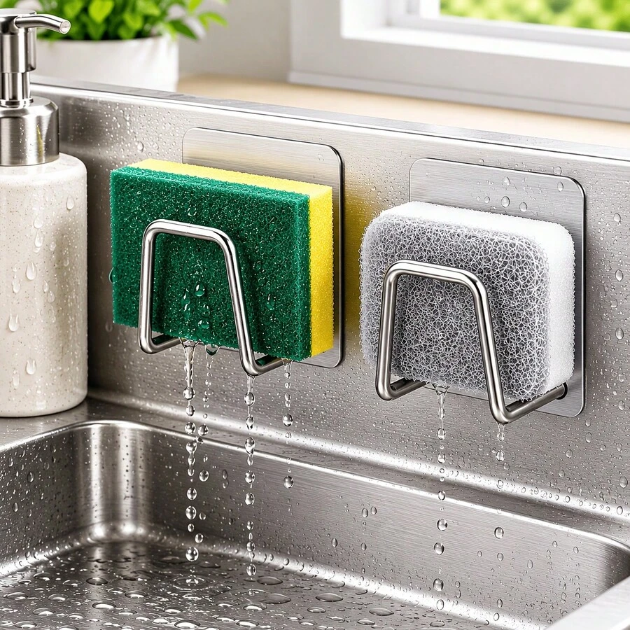 2/4pcs Stainless Steel Kitchen & Bathroom Storage Set - Kitchen Sink Drain Rack, Cutting Board & Pot Lid Organizer, Bathroom Sponge Hook Rack, Cleaning Supplies Storage Rack With Hooks, Wall-Mounted Scale Holder, No-Drill Wall-Mount Design, Damage-Free Adhesive Installation, Durable Stainless Steel Material, Space-Saving Organizer, Suitable For Bathroom And Home Gym, Stylish Design, Sturdy Structure - Multicolor - View 1