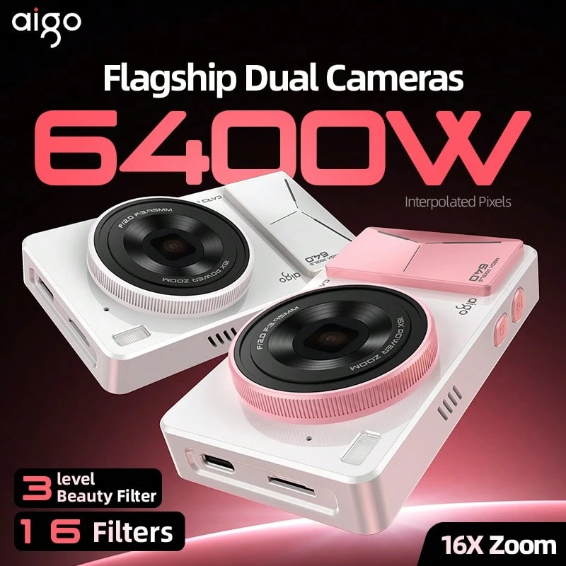 Aigo D6pro Beauty Digital Camera With Dual Front And Rear Cameras, 6400W Interpolated Pixels, 16 Filters, 16X Digital Zoom, CCD Texture, AF Autofocus, 3-Level Beauty TYPE-C Charging Interface, Entry-Level Camera Holder For Girls - View 1