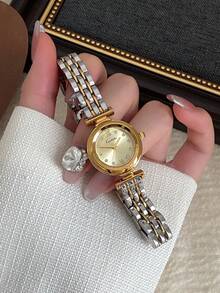 1pc Women's Watch Band. Square Small Dial With Rhinestone Accents. Elegant Versatile Precise Quartz Watch, Suitable For Daily Wear - Silver and Gold - View 2