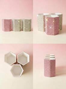 Luxury Rhinestone Makeup Brush Holder & Pen Organizer - Hexagonal Crystal Desktop Storage For Vanity, Office, And Dorm Decor (Pink/Gold/Silver) - Multicolor - View 3
