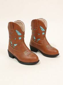 Kids Embroidered Western Ankle Boots Hollow Design Back Zipper Fashion Girls Boots - Khaki - View 4