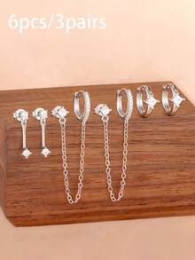 6PCS Exquisite Tassel Chain Geometry Stud Earrings Set For Women Simple Rhombus Hoop Earring Daily Wear Jewelry - 6PCS-silver - View 4