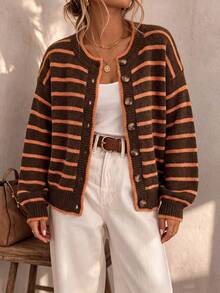 Women's Round Neck Single-Breasted Contrast Stripe Lantern Sleeve Knit Cardigan, Loose Casual Fashion Versatile, Retro Street Commute Style, Autumn/Winter - Brown - View 5