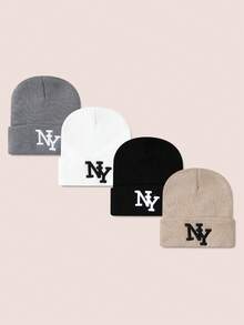 4pcs/Pack NY Solid Color Ski Hat Simple Knitted Beanie Hat For Women,Men Suitable For Daily Wear Casual - NY Neon Cap - View 7