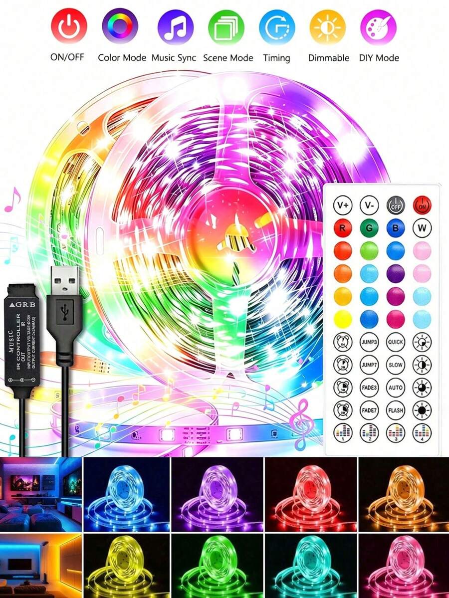 1 buah Strip Lampu LED USB 5V, 3,28 kaki (1 Gulungan) ~ 98,42 kaki (2 Gulungan) Kontrol Jarak Jauh 44 Tombol, Strip Lampu Musik RGB Pintar, Dekorasi Ruangan, Dekorasi Pesta, Dekorasi Liburan (Ukuran 3,28 kaki/1 meter lebih pendek, silakan pilih sesuai kebutuhan Anda saat membeli, perekat bawaan tidak dapat ditempelkan pada dinding yang kasar, harap berhati-hati saat menempelkan!)