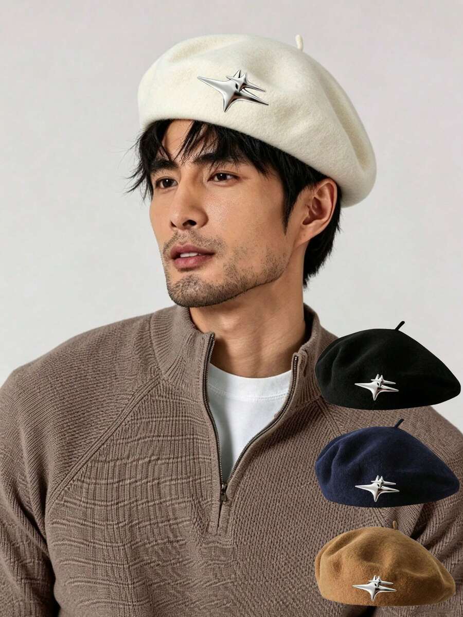 1件裝男士秋冬星星與南瓜貝雷帽 日系休閒羊毛保暖帽 高端小眾設計 英式復古可拆卸報童帽 - 多色 - 查看 1