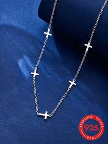 1pc S925 Sterling Silver Minimalist Ins Cold Style Cross Pendant Necklace For Women, Classic Design, Niche Elegant, Daily Casual Wear, Fashionable Luxury High-End Feel, Suitable For Parties And Vacations, Unique Neck Accessory - Cross - View 4