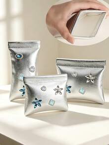 Silver Handheld Wallet With Snap Closure, Star & Heart Charm, Compact Digital Accessory Storage Bag, Silver Small Pouch, Women's Makeup Bag, Snap Pouch, Portable Data Cable Storage Bag, Cosmetic Storage Bag, Card Holder, Mini Toiletries Storage Bag, Travel Portable Fashion Glasses Storage Bag, Auto-Closing Design, Convenient For Daily Use, Perfect As Halloween, Thanksgiving Gift For Friends, Family, Best Friends - Multicolor - View 3