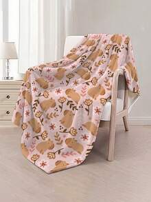 1pc Pink Capybara Floral Flannel Blanket, Light Pink Background With Cute Capybara And Minimalist Flower & Leaf Pattern, Gentle Healing Cartoon Ins Style Sofa Bedroom Home Decor Throw Blanket - Multicolor - View 3