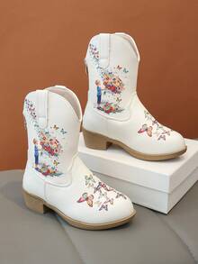 Girls' Portrait Butterfly Print Western Mid-Calf Boots With Rear Zipper And Chunky Heel Fashion Boots - White - View 1