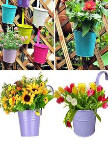 4/6/10pcs Metal And Iron Hanging Flower Pots, Balcony Garden Planting Baskets, Fence Bucket Pots, With Detachable Hanging Flower Racks, Christmas Flower Pot Decorations - Style 1 - View 8