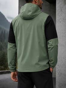 Jaket Patchwork Hijau Army Pria, Pakaian Luar Kasual Berkerudung, Atasan Gaya Gunung - Hitam - View 2