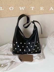Low Tea 1pc Solid Color PU Leather Portable Magnetic Closure Women's Tote Bag With Metal Eyelet Decor Hobo Vegan Leather Top Handle Shoulder Bag And Handbag For Travel, Shopping, Dating, Women's Gift, Work, Business, Commuting - Black - View 4