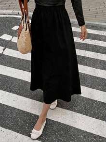 Women's Stretch Waist Poplin Long Flared Skirt - Black - View 3