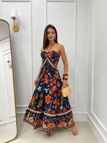 Women Long Dresses - 海軍藍和橙色 - 查看 1