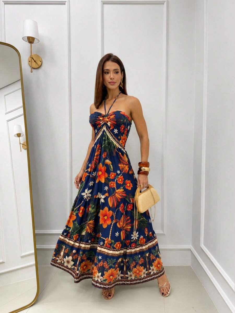 Women Long Dresses - 海軍藍和橙色 - 查看 1
