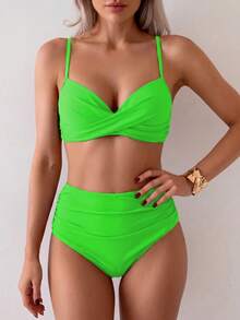 Nuevo Conjunto de Bikini de Dos Piezas de unicolor Elegante Bohemio con Doble Tira para Mujer Verano Vacaciones en la Playa - verde fluorescente - Ver 4