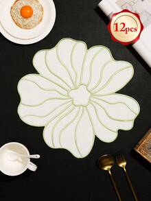 1-12pcs Large Petal White Gold Thread Embroidered Placemats, Southern French Cream Style Thickened Fabric Heat-Resistant Non-Slip Table Mats, Garden Party Anniversary Wedding Banquet Outdoor Picnic Spring Summer Table Decor - Multicolor - View 20