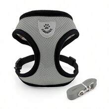 2 Peças Conjunto de Peitoral e Guia de 1,5m para Gato e Cachorro, Conjunto de Colete Reflexivo com Um Clique, Design com Gancho e Fivela, Anéis D Duplos nas Costas, Anel no Peito - Cinza - Visão 8