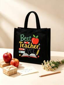 Teacher Theme Black Linen Tote Bag Set, Includes Large Tote Bag + Small Coin Purse, Printed With Best Teacher Ever Apple Design, Large Capacity Durable Canvas Material, Perfect Gift For Teacher's Day, Suitable For Students To Purchase And Give To Teachers, Daily Commute, Lesson Planning, Book And Stationery Storage - Multicolor - View 6