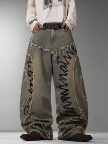 Men's Japanese Retro Vintage Wide Leg Jeans, Unique Street Print Design, Fashion Casual All-Season Long Pants (No Belt & Accessories Included) - Blue - View 4